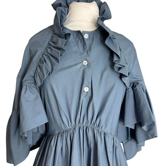 Trish Cox Blue Dress Size Medium Prairie Tiered Ruffles Butterfly Sleeves - Picture 2 of 9